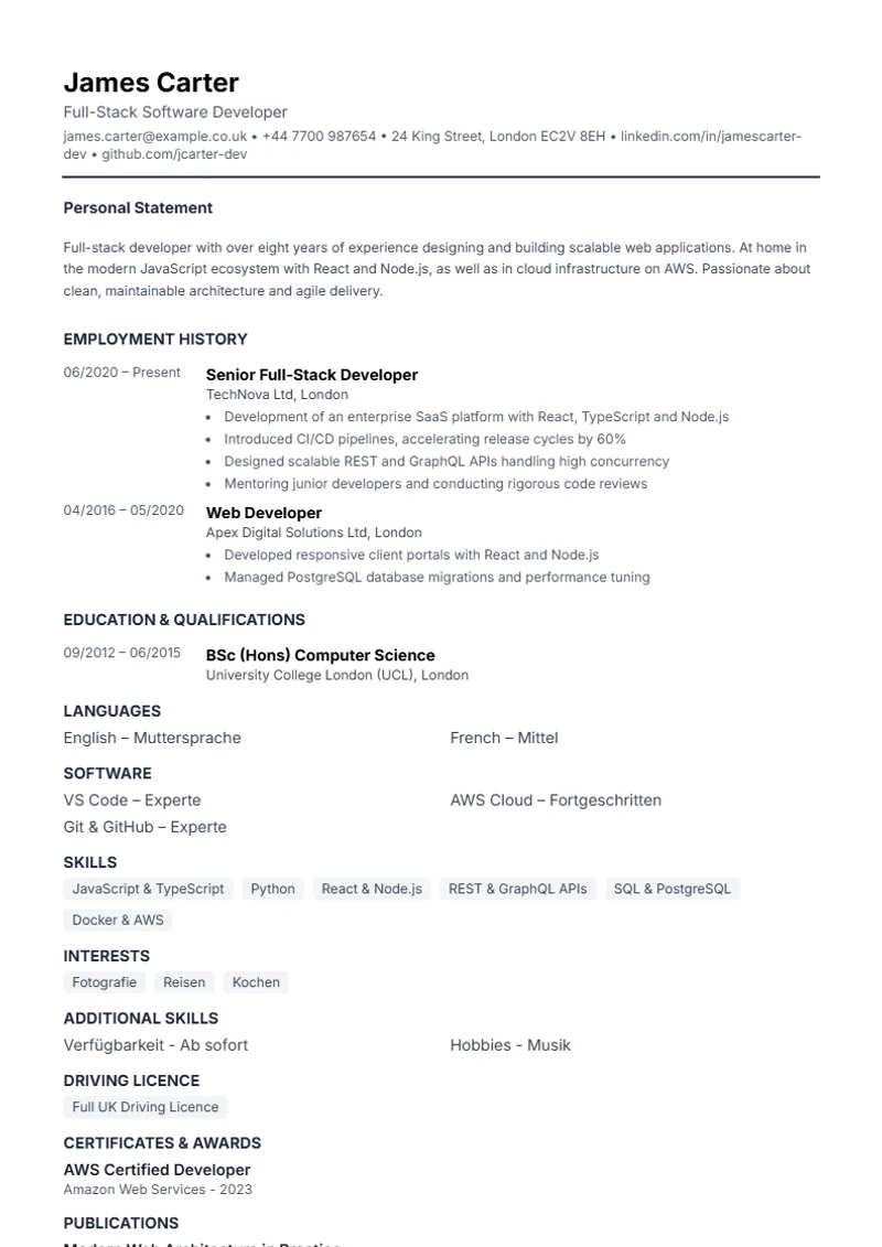 CV template Compact – sample compliant with DIN 5008