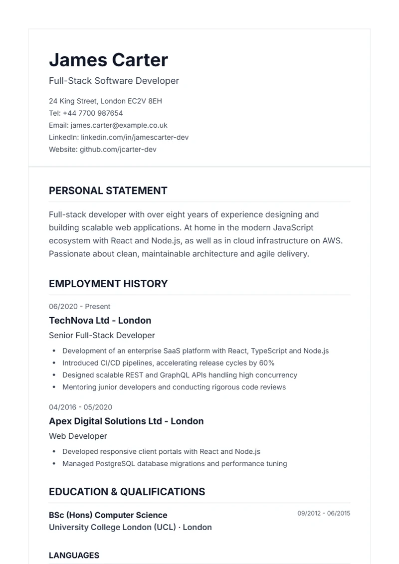 CV template Classic – sample compliant with DIN 5008
