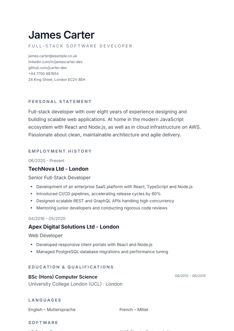 CV template Minimal – sample compliant with DIN 5008