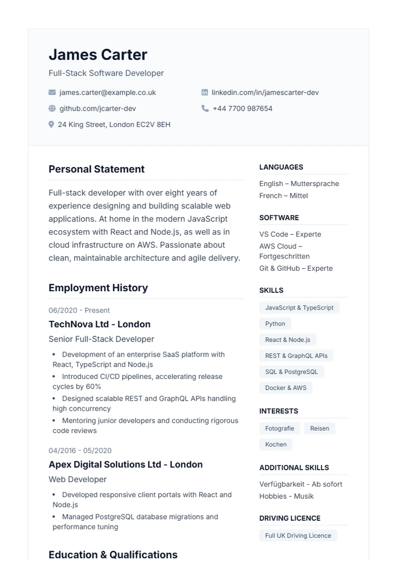 CV template Professional – sample compliant with DIN 5008