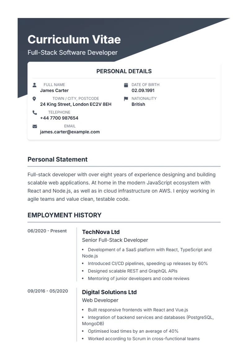 CV template Diagonal – sample compliant with DIN 5008