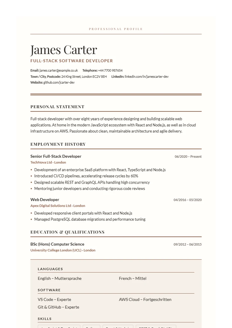 CV template Editorial Serif – sample compliant with DIN 5008