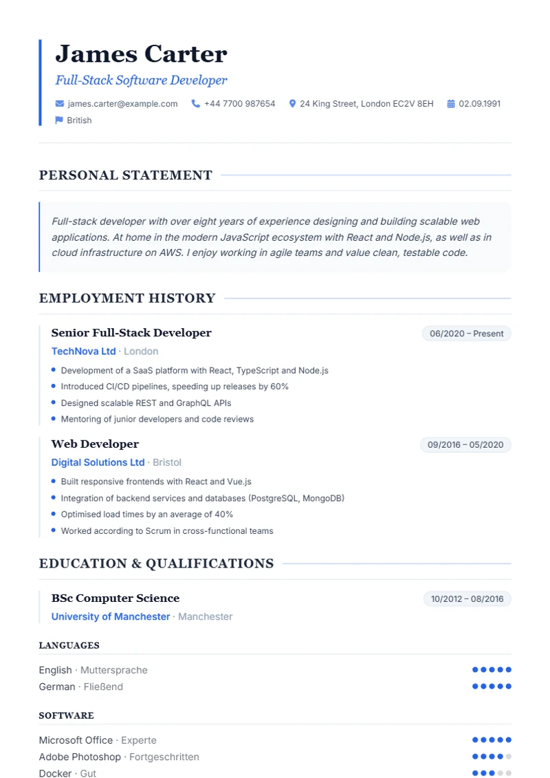 CV template Elegant – sample compliant with DIN 5008