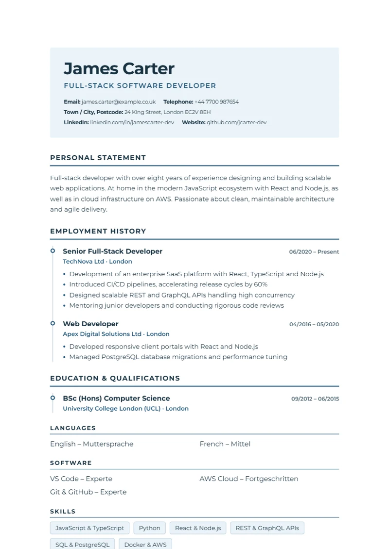 CV template European Timeline – sample compliant with DIN 5008