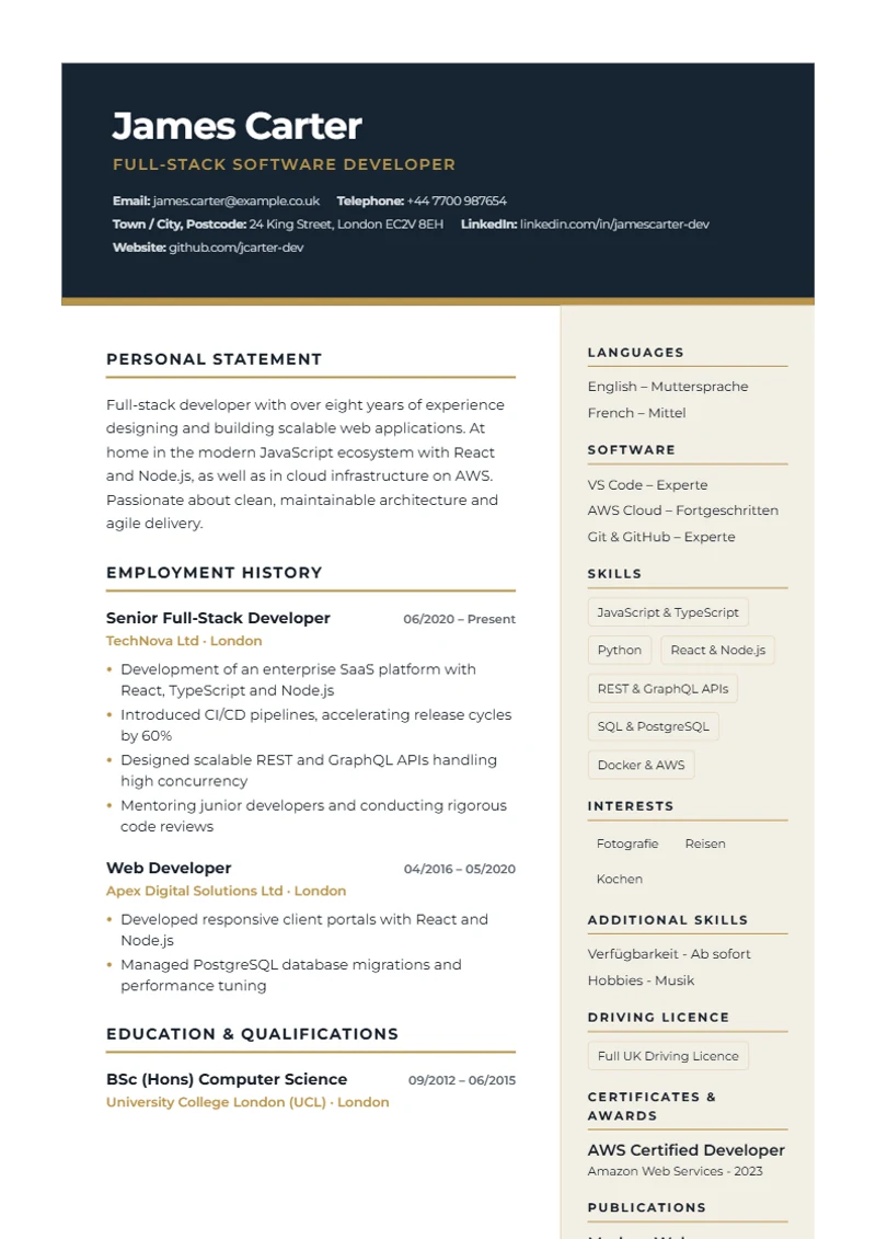 CV template Executive Dark – sample compliant with DIN 5008