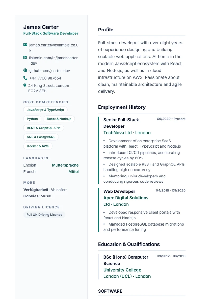 CV template Lebenslauf Pro – sample compliant with DIN 5008