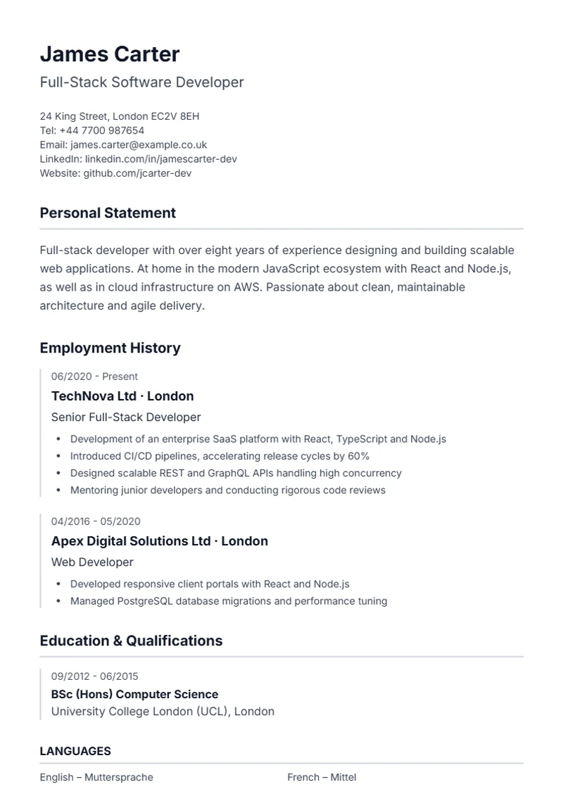 CV template Lebenslauf – sample compliant with DIN 5008