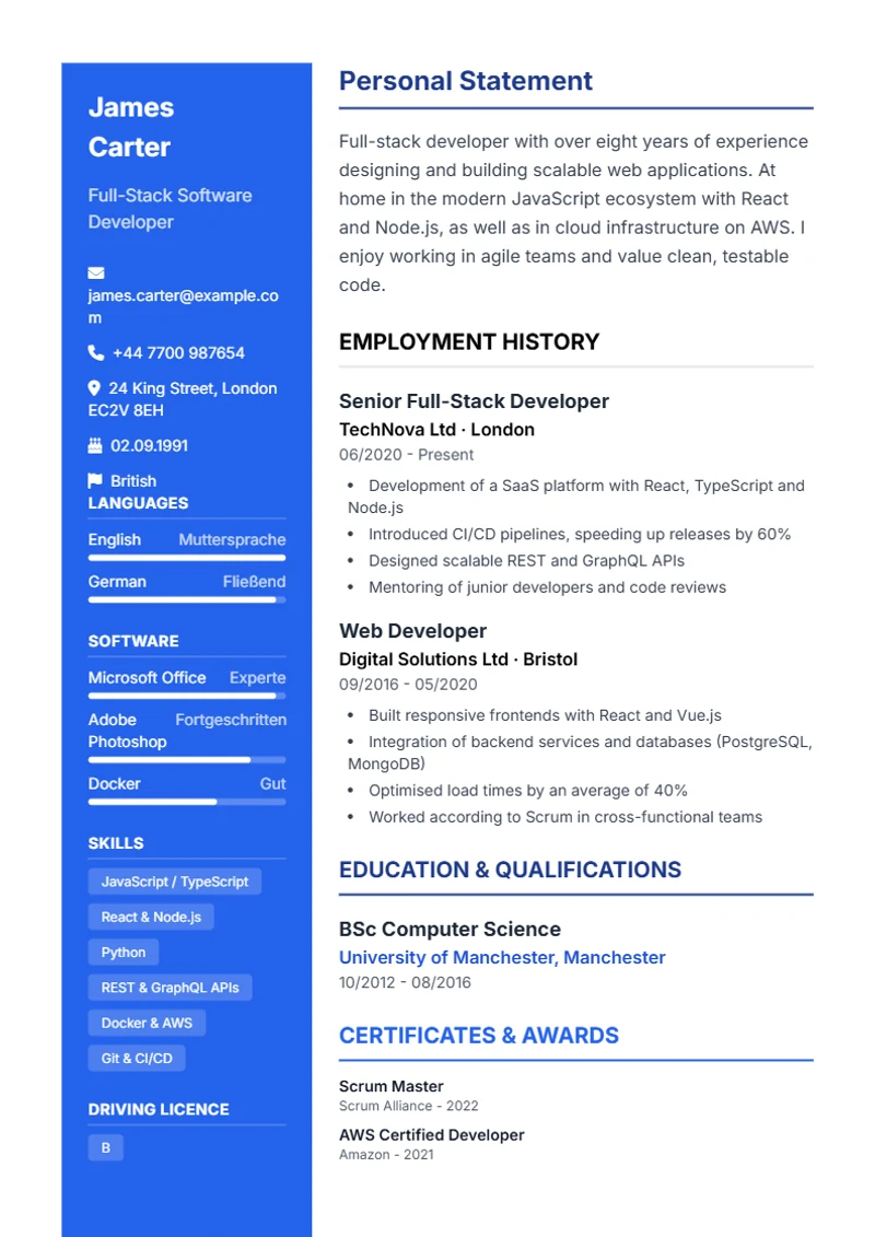 CV template Modern – sample compliant with DIN 5008