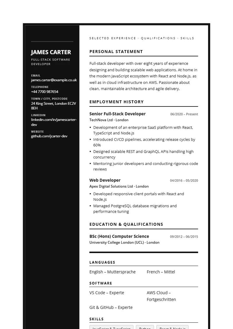 CV template Monochrome Frame – sample compliant with DIN 5008
