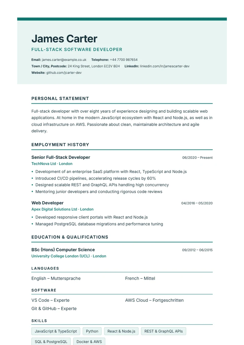 CV template Nordic Clean – sample compliant with DIN 5008