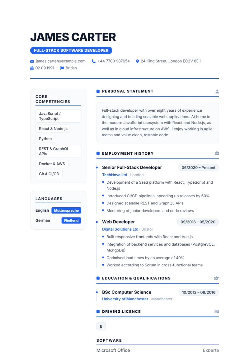 CV template Nova – sample compliant with DIN 5008