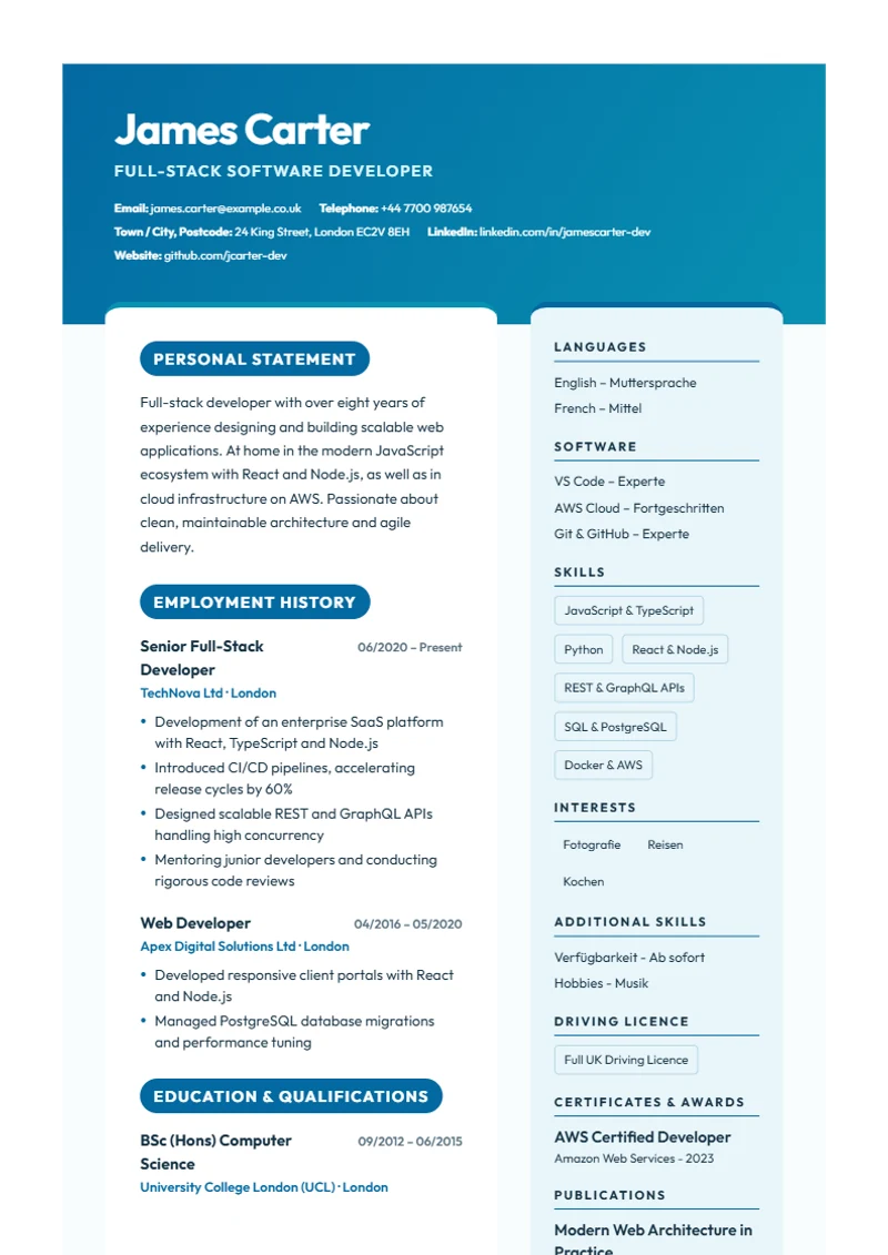 CV template Ocean Split – sample compliant with DIN 5008