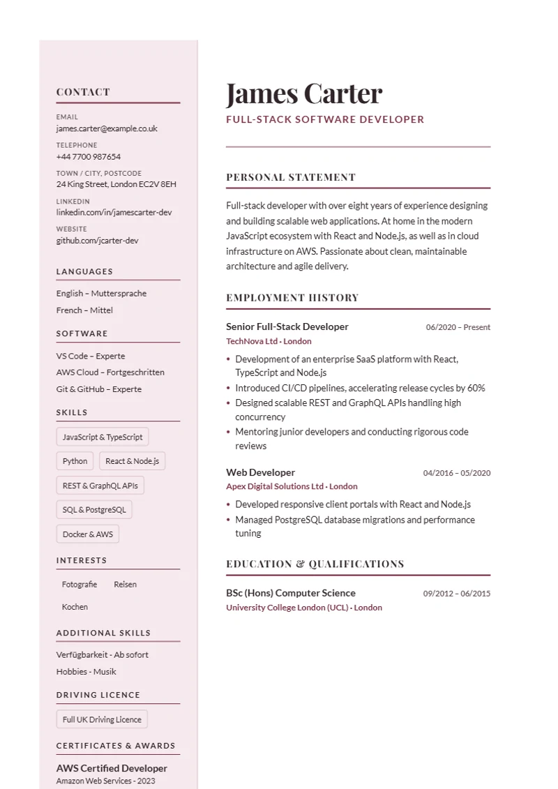 CV template Paris Elegant – sample compliant with DIN 5008