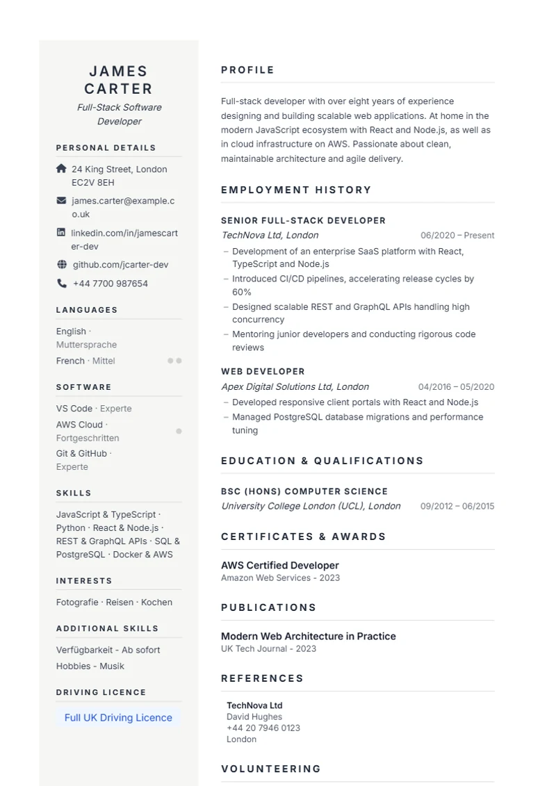 CV template Prestige – sample compliant with DIN 5008