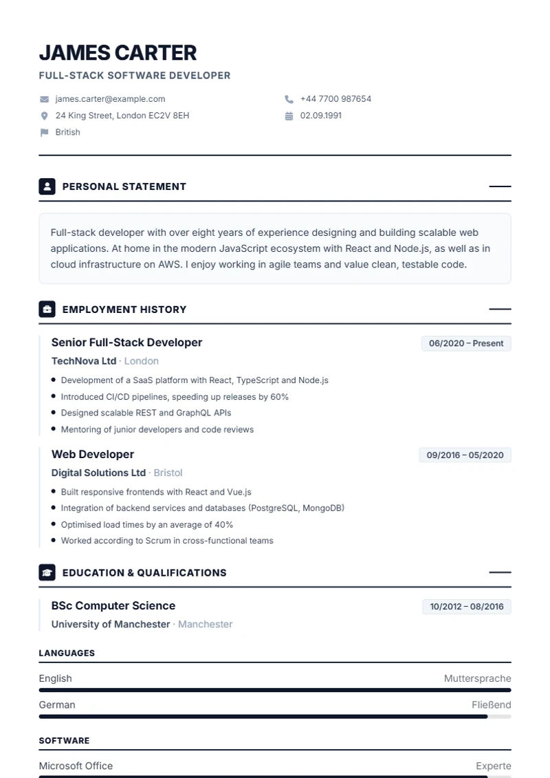 CV template Professional – sample compliant with DIN 5008