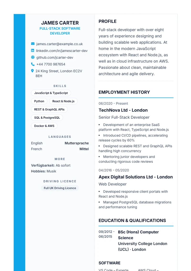 CV template Sidebar Pro – sample compliant with DIN 5008