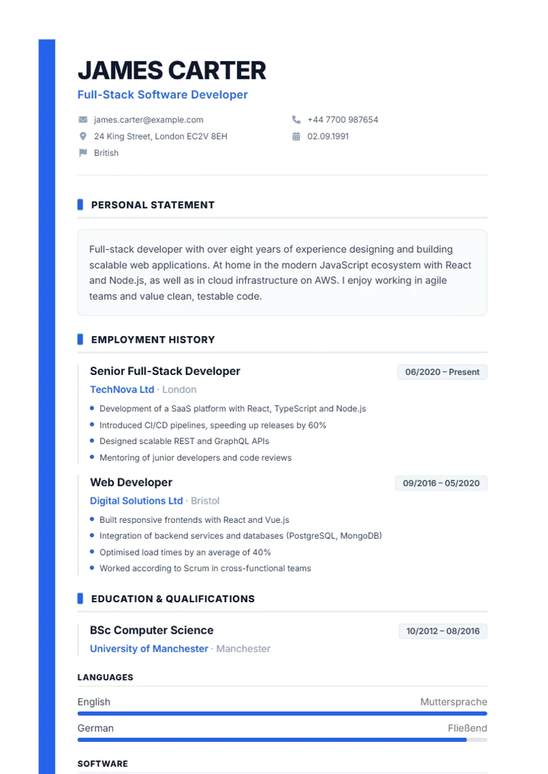CV template Sidebar – sample compliant with DIN 5008