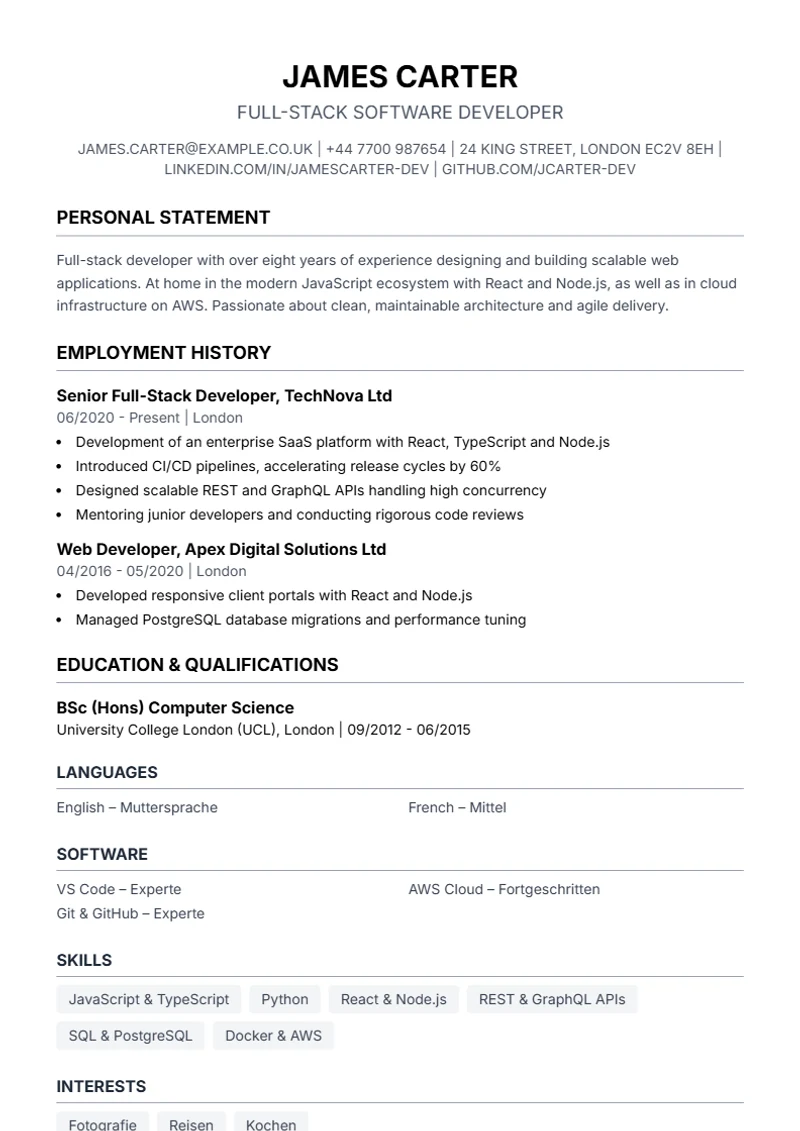 CV template Simple – sample compliant with DIN 5008