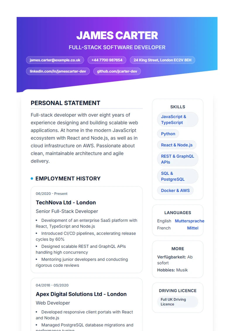 CV template Slanted – sample compliant with DIN 5008