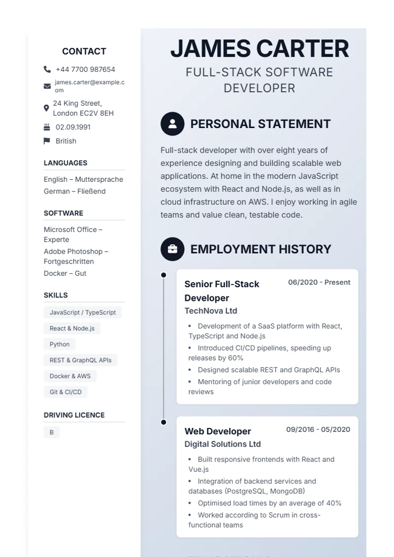 CV template Timeline – sample compliant with DIN 5008