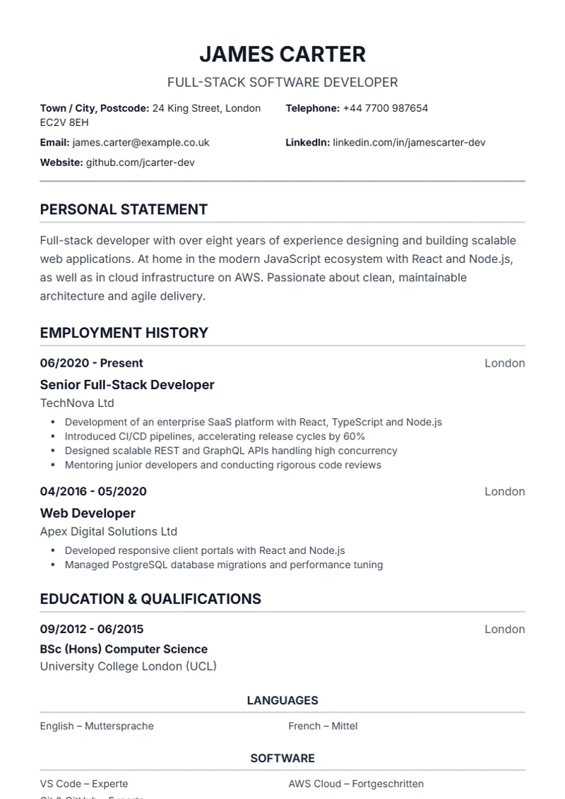 CV template Traditional – sample compliant with DIN 5008