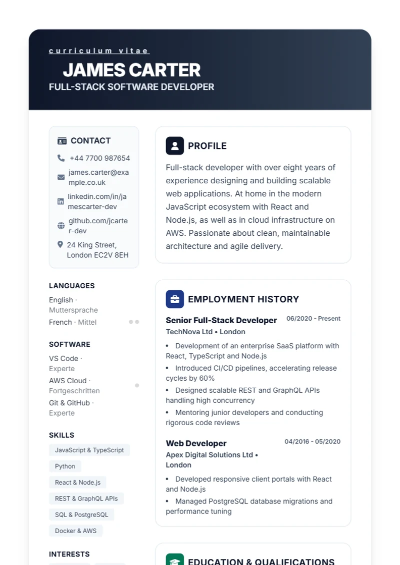 CV template Trust – sample compliant with DIN 5008