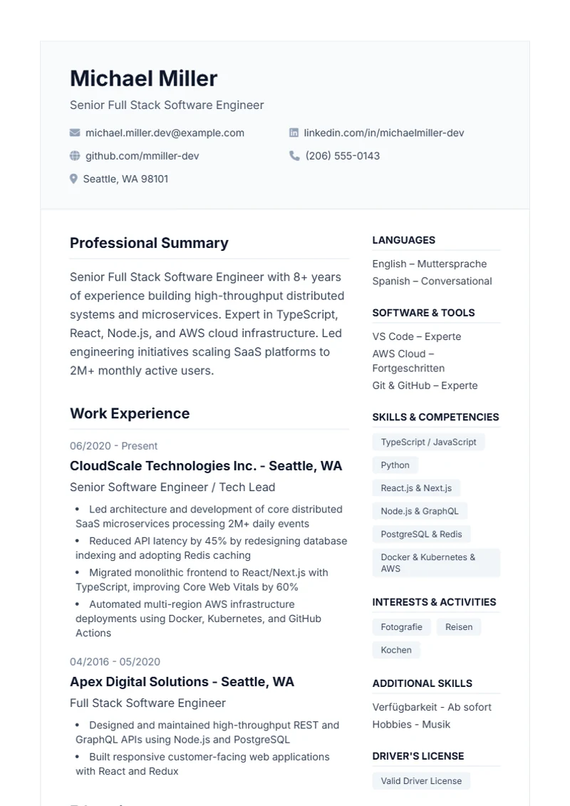Resume template Professional – sample compliant with DIN 5008