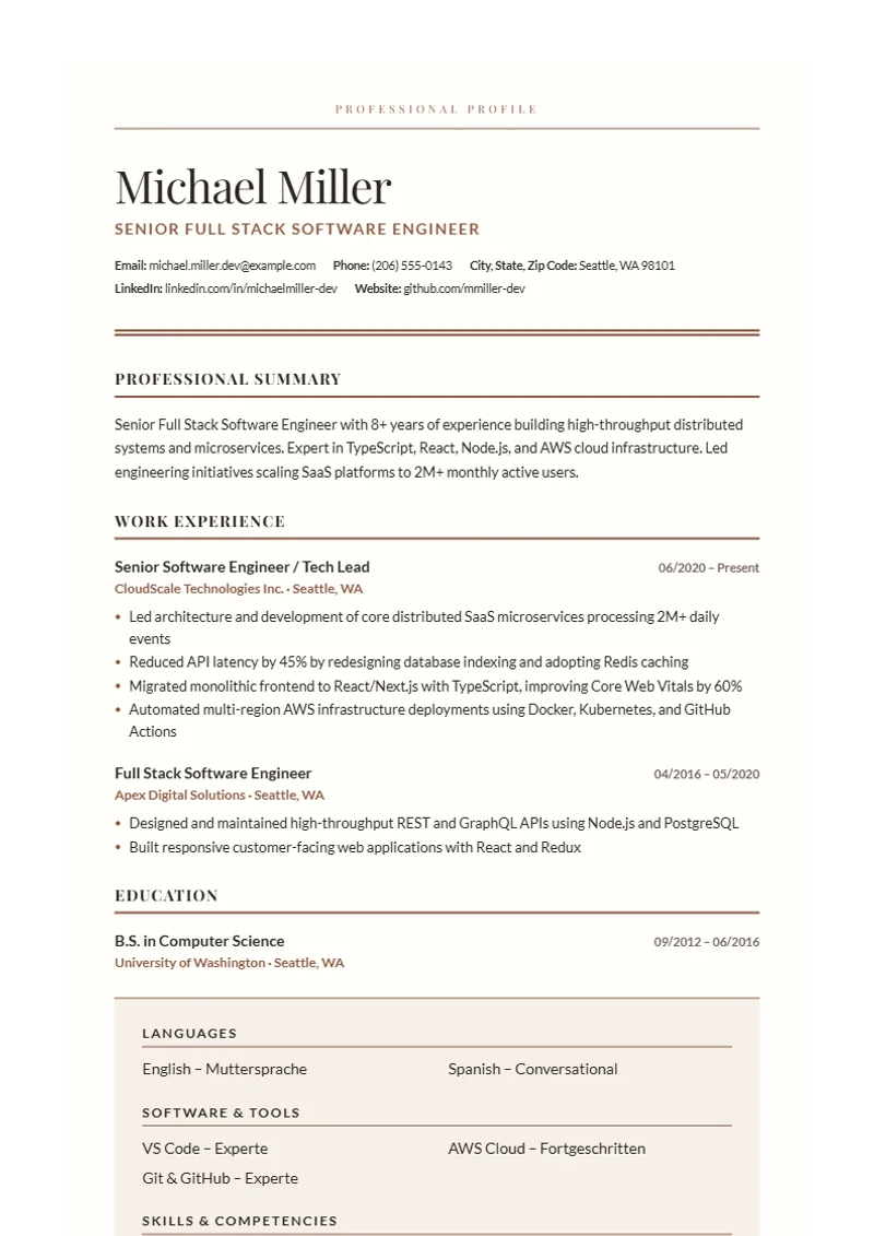 Resume template Editorial Serif – sample compliant with DIN 5008