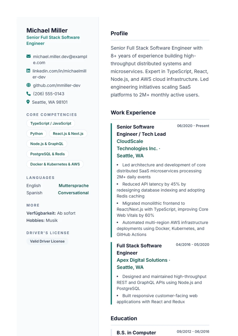 Resume template Lebenslauf Pro – sample compliant with DIN 5008