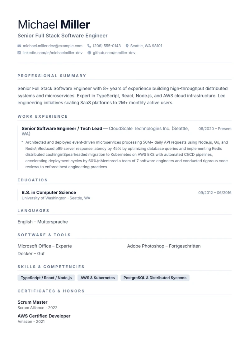 Resume template Minimal – sample compliant with DIN 5008