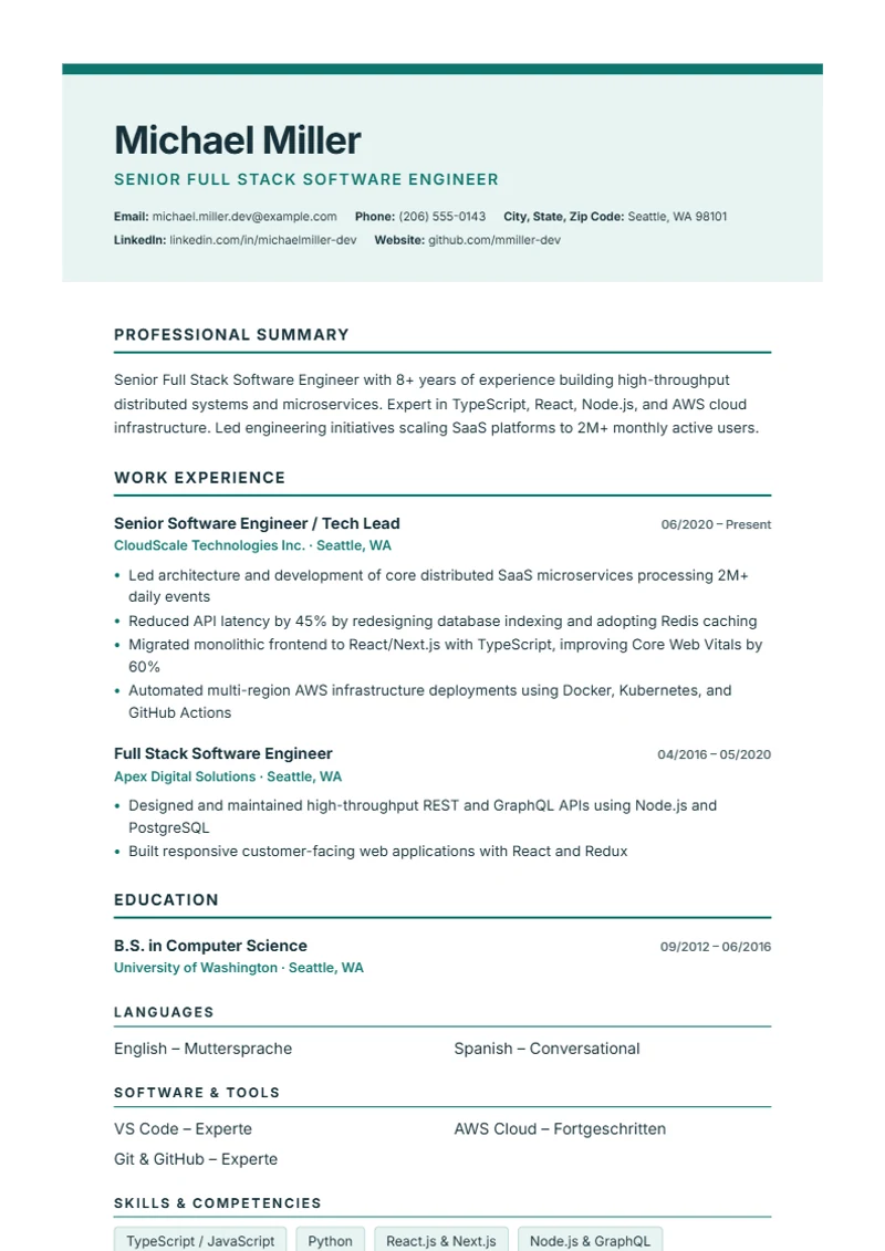 Resume template Nordic Clean – sample compliant with DIN 5008