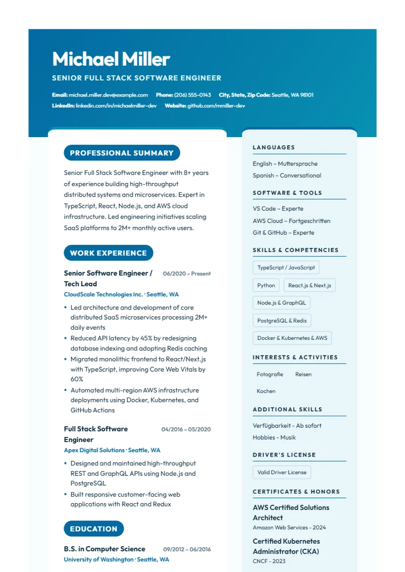 Resume template Ocean Split – sample compliant with DIN 5008