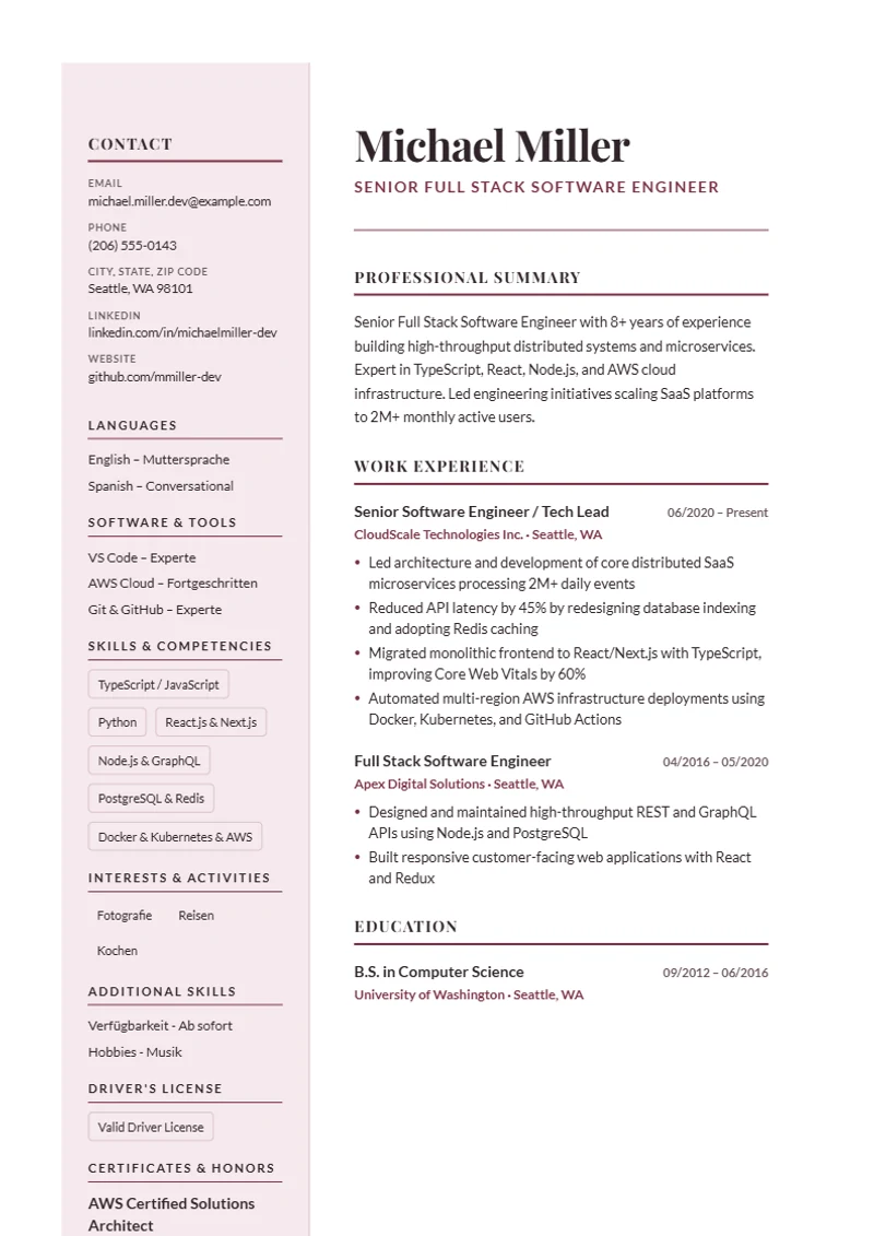 Resume template Paris Elegant – sample compliant with DIN 5008