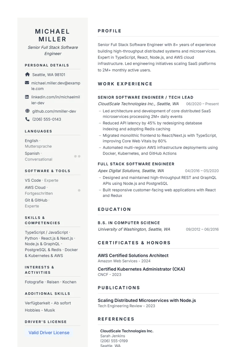 Resume template Prestige – sample compliant with DIN 5008