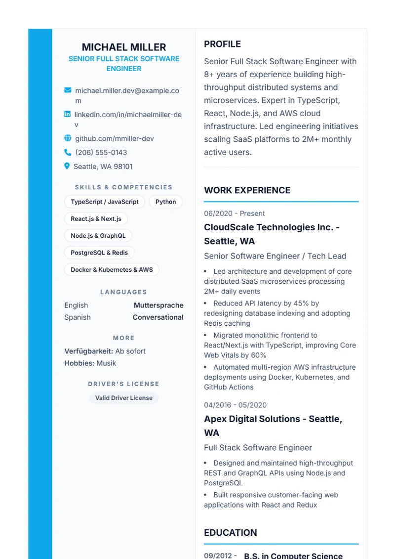 Resume template Sidebar Pro – sample compliant with DIN 5008