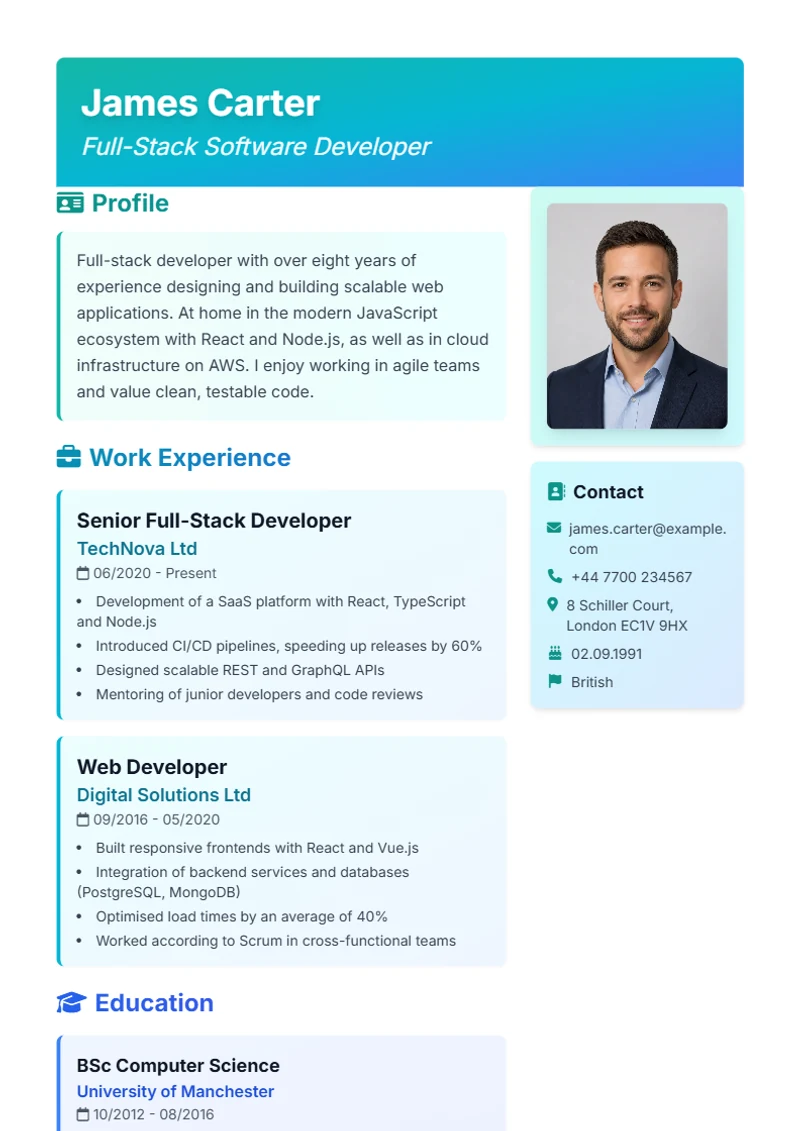 CV template Artistic – sample compliant with DIN 5008