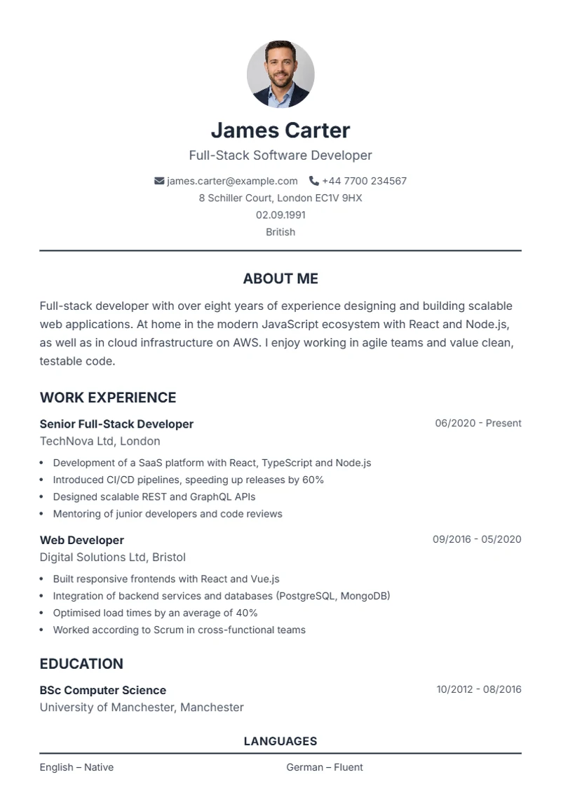 CV template Classic – sample compliant with DIN 5008