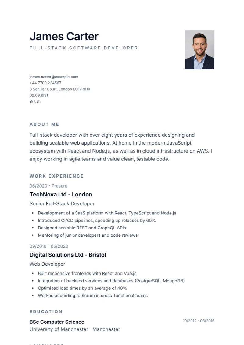 CV template Minimal – sample compliant with DIN 5008