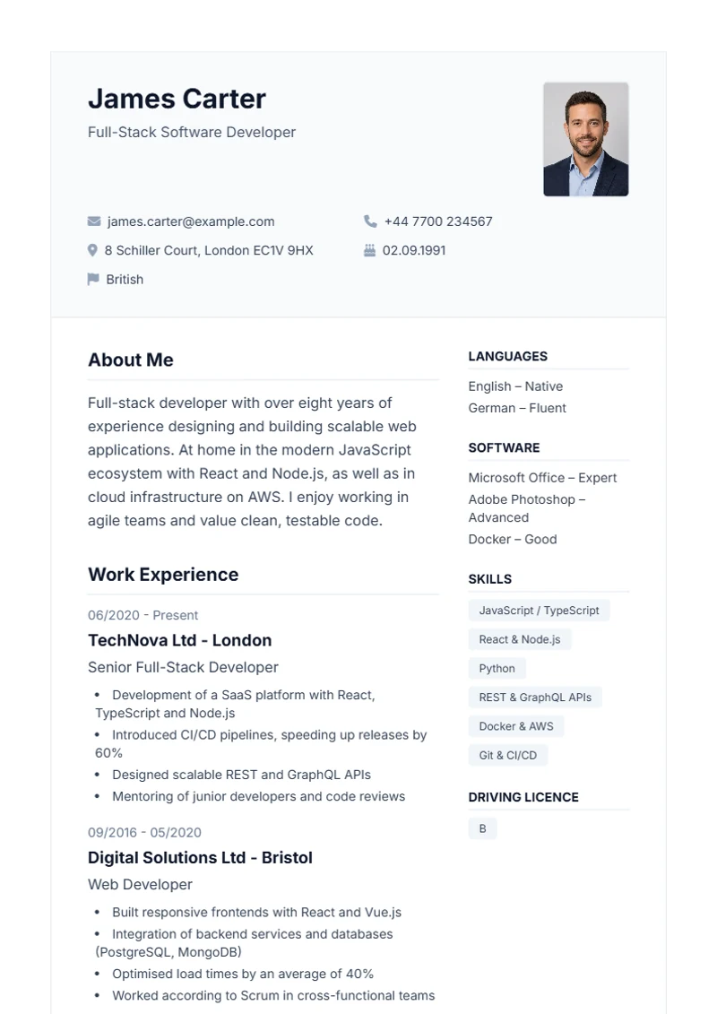 CV template Professional – sample compliant with DIN 5008