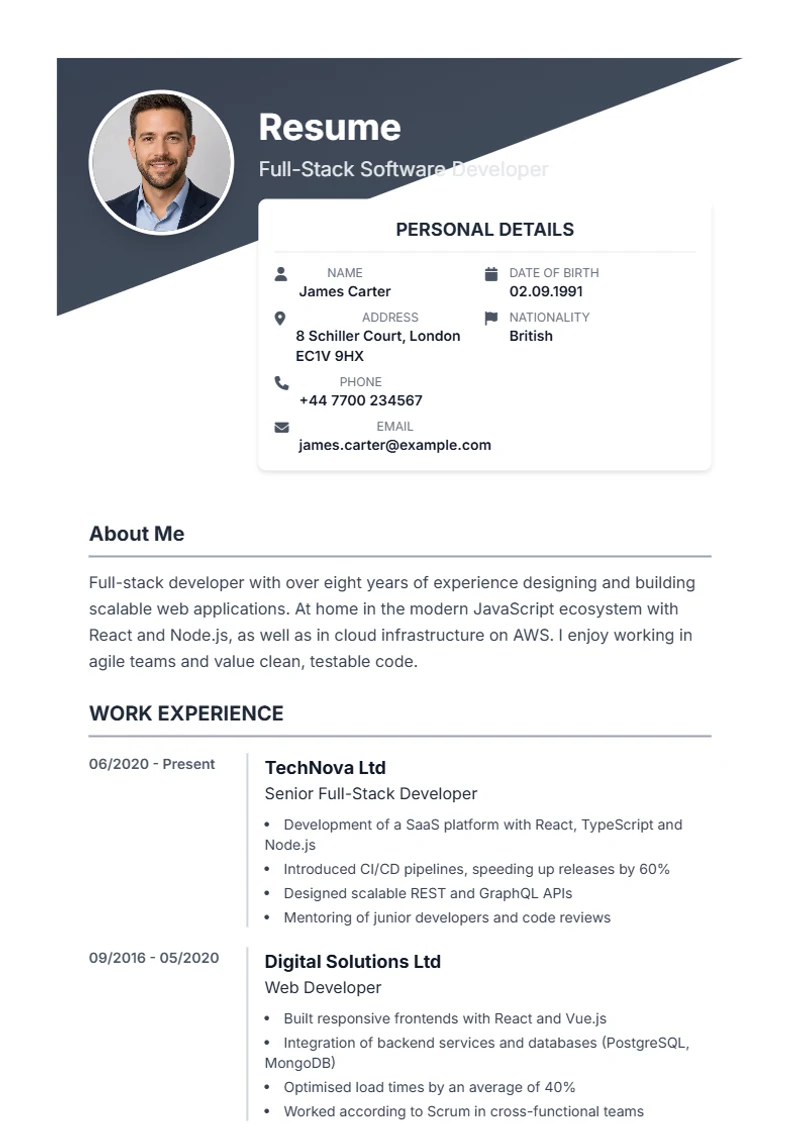 CV template Diagonal – sample compliant with DIN 5008
