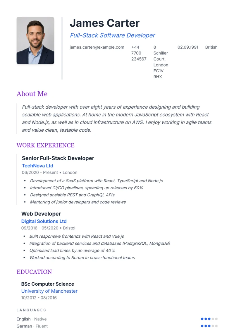 CV template Elegant – sample compliant with DIN 5008