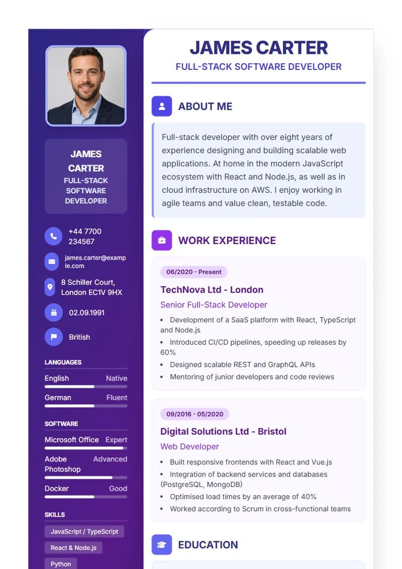 CV template Journey – sample compliant with DIN 5008