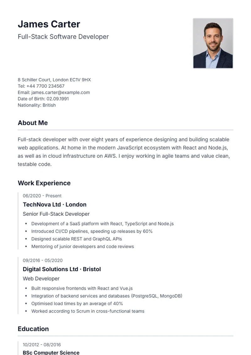 CV template Lebenslauf – sample compliant with DIN 5008