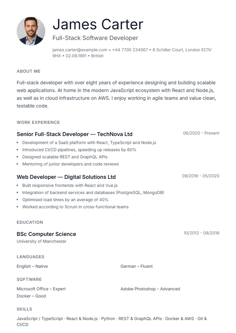CV template Minimal – sample compliant with DIN 5008