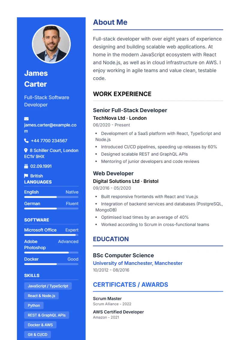 CV template Modern – sample compliant with DIN 5008