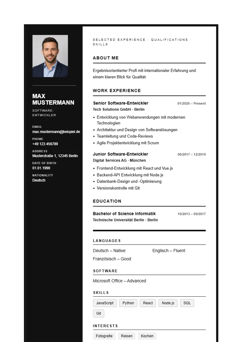 CV template Monochrome Frame – sample compliant with DIN 5008