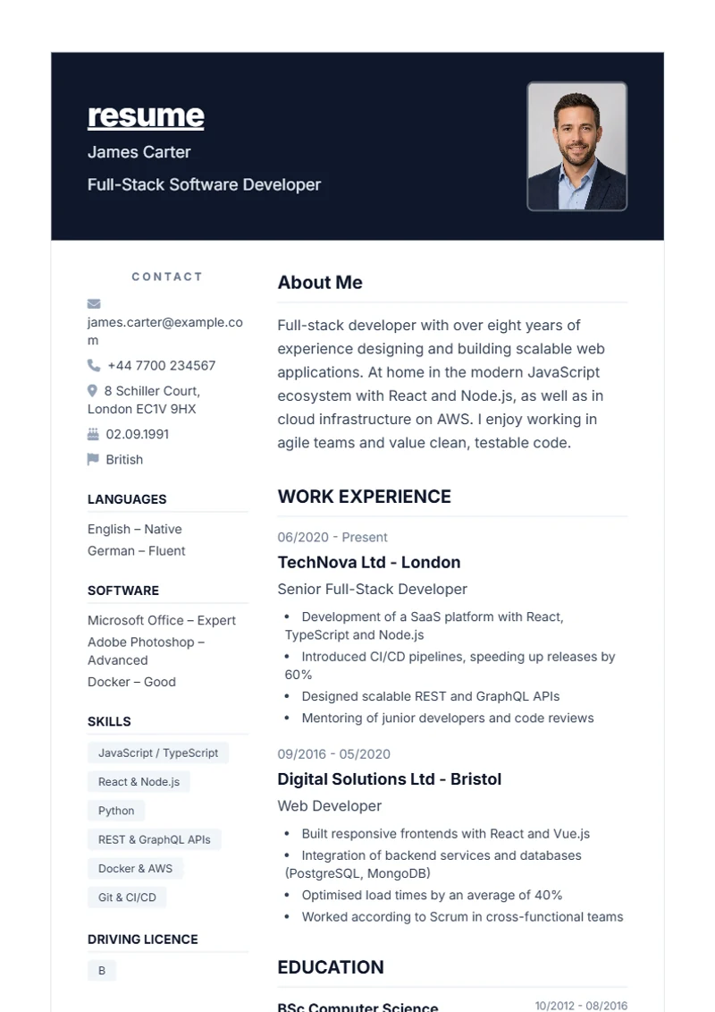 CV template Nova – sample compliant with DIN 5008