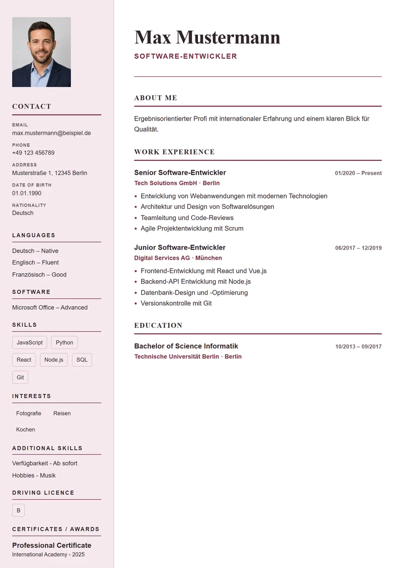 CV template Paris Elegant – sample compliant with DIN 5008