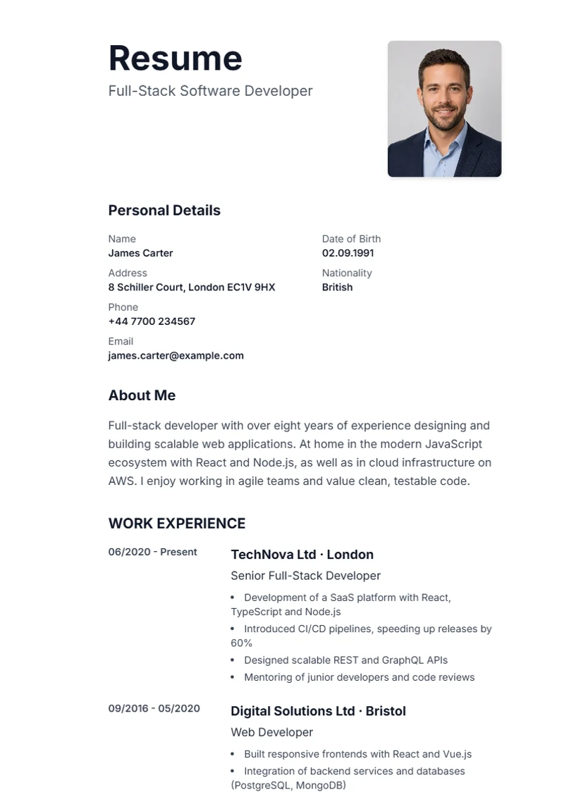 CV template Sidebar – sample compliant with DIN 5008