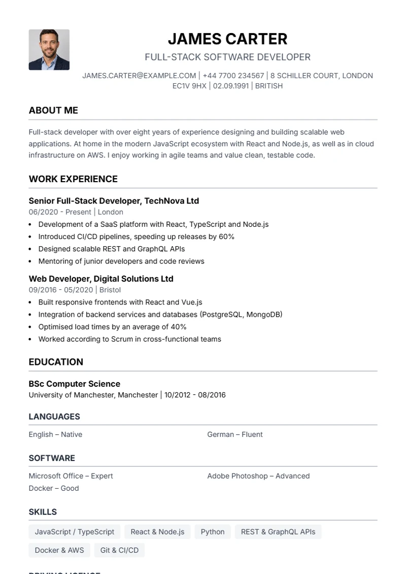 CV template Simple – sample compliant with DIN 5008